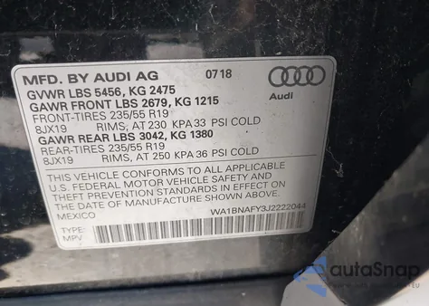 2018 Audi Q5 из США, поврежденный, VIN WA1BNAFY3J2222044